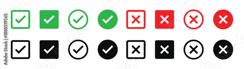 Check mark icons. green check mark and red cross mark icon set. green tick and red x. Symbols of approval and Decline, vector illustration.