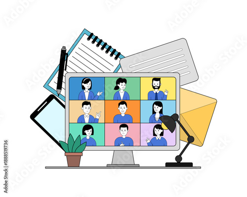 Business concept vector illustration of people having an online meeting via computer, representing remote work, virtual communication, and teamwork.