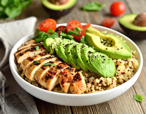 A white bowl filled with quinoa, grilled chicken, avocado, and vegetables