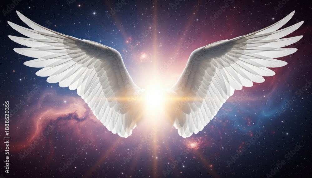 Obraz premium Heavenly Wings and Celestial Light: A pair of ethereal, white wings extends gracefully against a backdrop of the cosmos, with a radiant light emanating from the center.