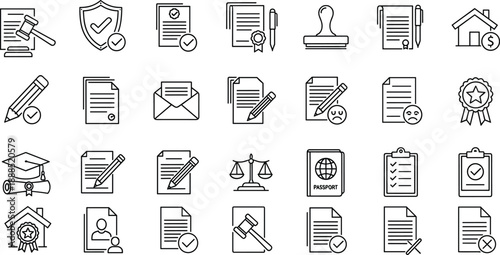 Legal document icons, justice symbols, official paperwork graphics, law and order visuals, education diploma stamps, administrative forms, compliance seals, approval checkmarks,