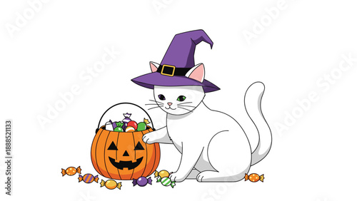 Adorable white cat wearing a purple witch hat sits beside a jack-o-lantern candy bucket filled with Halloween treats and sweets.