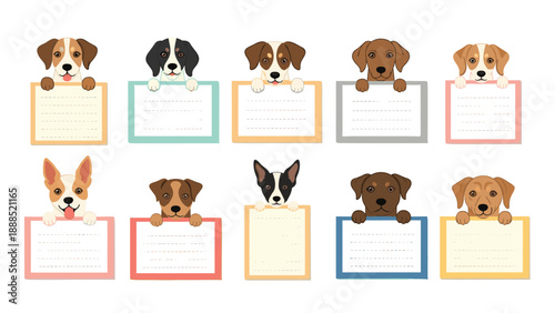 Collection of cute illustrated dogs hold up blank rectangular cards and signs perfect for custom messages and holiday announcements.