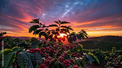 Vibrant coffee plant with ripe red berries in a lush plantation at sunset.
