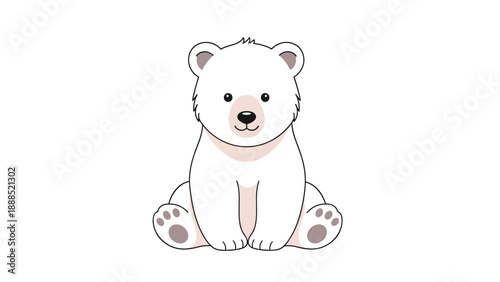 Sweet white polar bear cub sits calmly with a friendly expression making it a perfect character for cold climate wildlife themes.