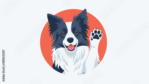 Border Collie dog waves its paw in a friendly gesture within a red circular frame making for a vibrant and welcoming pet icon.