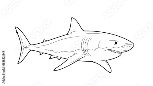 Minimalist black and white line drawing of a great white shark swimming in profile view on a white background.