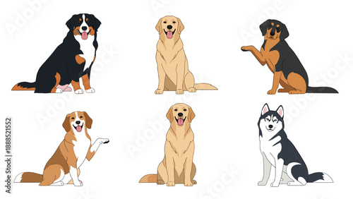 Diverse group of six dog breeds including golden retriever husky and bernese mountain dog sitting and waving paws.