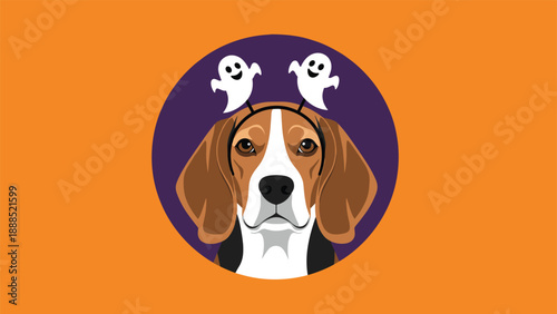 Portrait of a beagle dog wearing a ghost headband for halloween inside a purple circle on an orange background.