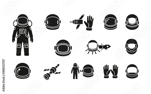 Conceptual Silhouettes of Astronauts, Space Suits, and Spacecraft Elements A Comprehensive Icon Collection for Cosmic Exploration and Future Scientific Endeavors