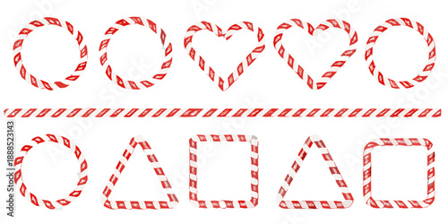 Candy cane shapes circles hearts triangles and squares on black background