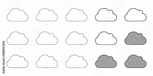 A collection of simple cloud icons in varying shades of gray