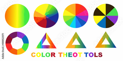 Colorful geometric shapes and a color wheel representation with text