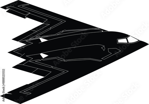 Silhouette of an airborne B2 spirit bomber top view vector illustration. Stealth aircraft vector. 
