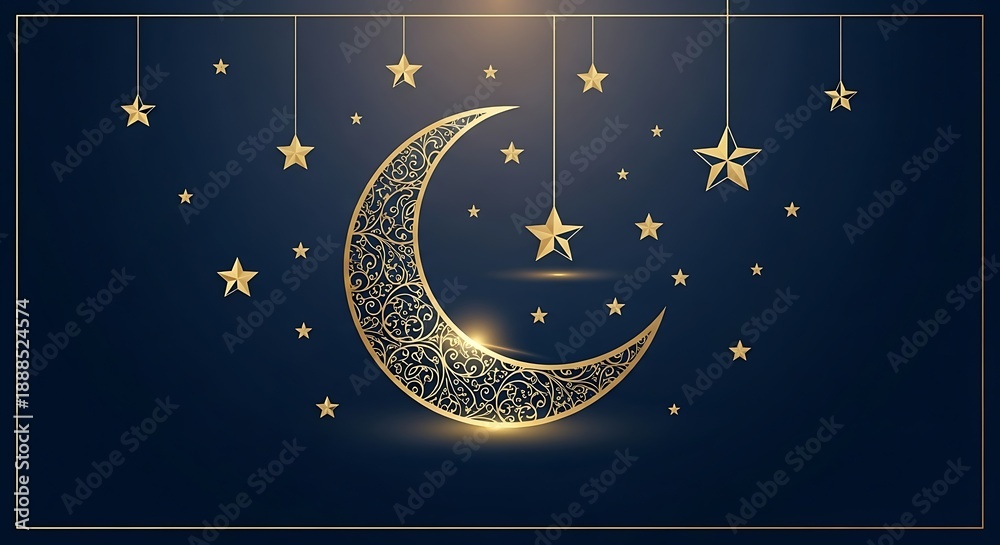 Naklejka premium Golden Crescent Moon and Stars on Night Sky – Elegant Islamic Ramadan Background