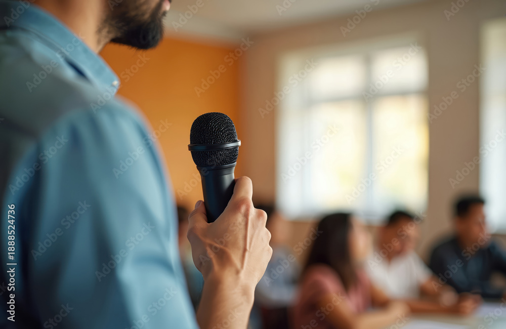 Fototapeta premium Man speaks into microphone in classroom. Blurred audience listens attentively to presenter. Focus on speaker hand holding mic in seminar room.