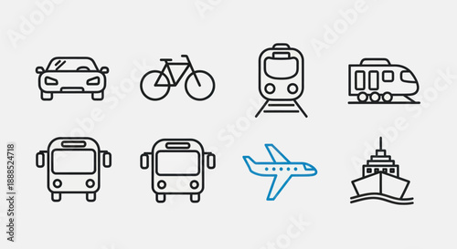 Transportation icons car bicycle train bus airplane and ship in line art