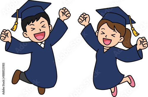 Graduation cartoon vector, joyful graduates jumping, navy gown and cap illustration, academic celebration clipart, education milestone graphic