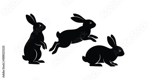 Three black rabbits in various poses are depicted against a white background showcasing a striking silhouette high quality professional detailed modern