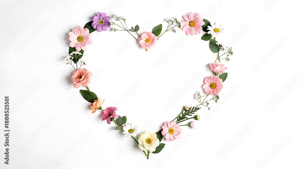 Obraz premium Heart shape made of colorful natural flowers and green leaves on white background for greeting card. Romantic floral design.