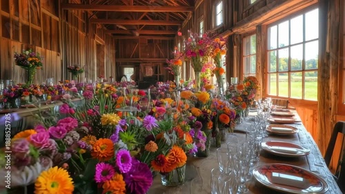 Floral Feast Inside: A rustic barn is filled with color, featuring multiple arrangements and decorative tables. a stunning display of celebration.