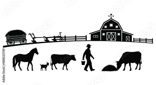 A rural farm scene depicts a barn livestock a farmer and a horse all rendered as a striking silhouette high quality