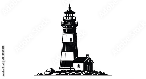 A striking black and white illustration depicts a classic coastal lighthouse structure against a plain background silhouette high quality professional detailed