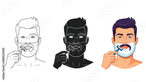 Man shaving his beard and mustache using a razor blade in three distinct graphic styles including line art silhouette and full color illustration
