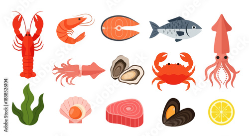 Various seafood icons lobster shrimp fish squid and shellfish