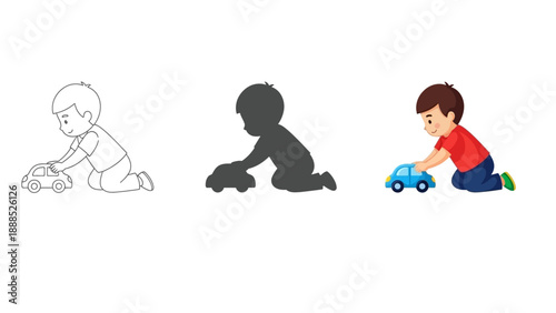Cute cartoon boy cheerfully playing on the floor with a small blue toy car showing outline silhouette and color vector graphics for children's activities