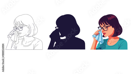Collection of graphic styles illustrating a woman wearing glasses carefully wiping her lenses with a small blue cloth against a white background