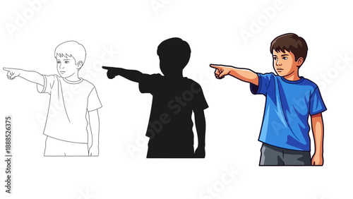 Set of three distinct visual styles illustrating a young boy in a bright blue shirt pointing directly toward the viewer’s left side with determination