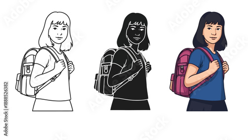 Collection of three stylized illustrations depicting a young student girl wearing a backpack showcasing line art silhouette and full color versions for versatile design use