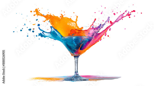 Dynamic splash of multi-colored liquid in a glass cup, isolated on a transparent background.