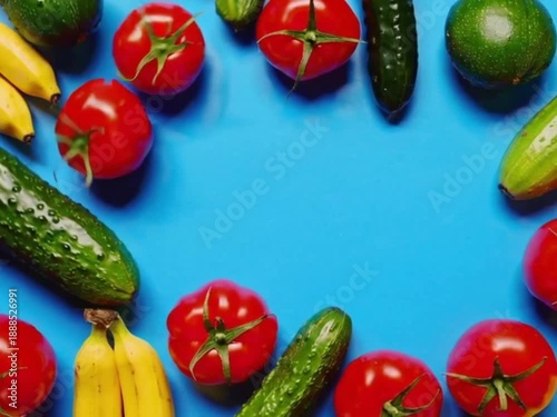 Wallpaper Mural Fresh Organic Vegetables and Fruits Frame on Blue Background Torontodigital.ca