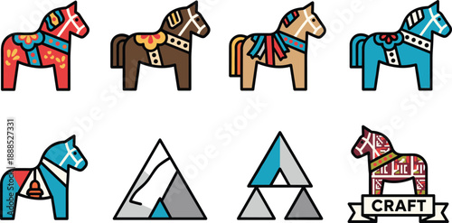 Scandinavian Dala Horse and Nordic Craft Symbol Collection Flat Vector Set