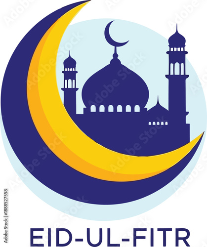 Eid-ul-Fitr festival badge, dark blue mosque silhouette with yellow crescent moon, Islamic holiday icon