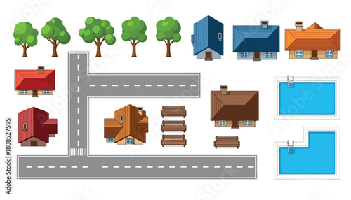 Top-down view of various cartoon-style city elements including houses, trees, roads, benches, and swimming pools for map creation.