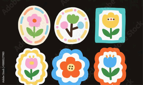 A vibrant collection of six charming, stylized floral illustrations on a dark background, perfect for crafts and decor