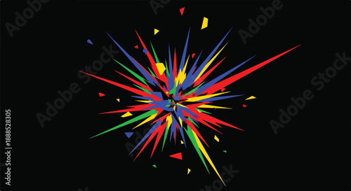 Vibrant abstract burst of sharp, colorful geometric shards exploding outwards on a dark background, symbolizing energy, celebration, and dynamic movement.