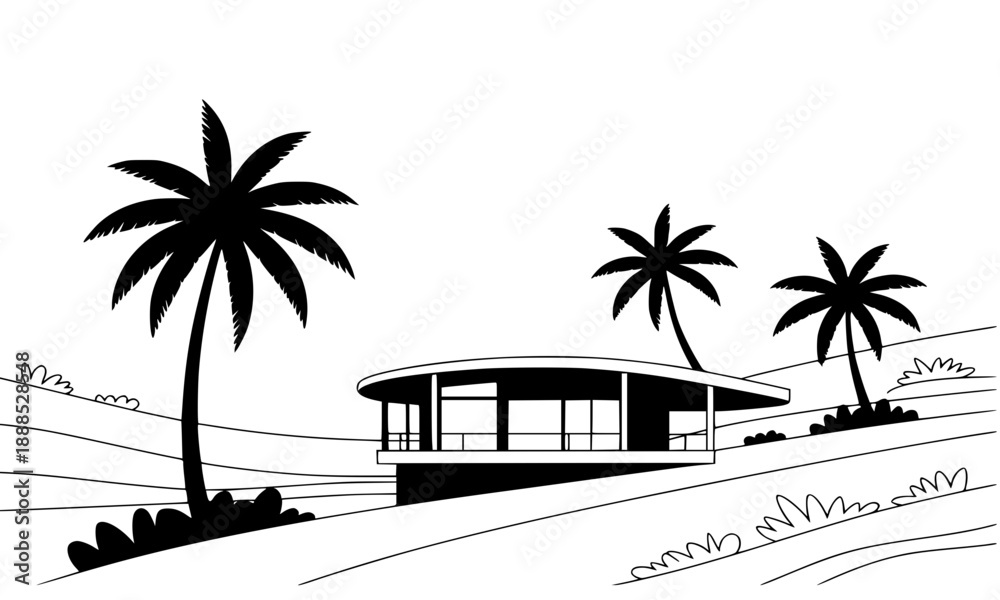 Fototapeta premium Modern Luxury Villa Silhouette with Palm Trees, Minimalist House Architecture on Tropical Hill, Summer Vacation Home Vector Art, Contemporary Real Estate Design and Travel Concept, Isolated on White