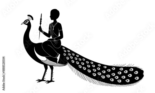 Lord Kartikeya Murugan Sitting on Peacock Silhouette, Hindu God of War Vector Art, Indian Religious Deity with Vel Spear, Spiritual Mythology Graphic Design, Skanda Sashti Festival Concept