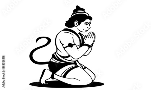 Lord Hanuman Kneeling in Prayer Silhouette, Hindu God Bajrangbali Vector Illustration, Indian Religious Deity in Namaste Pose, Devotion and Strength Concept, Spiritual Hanuman Jayanti Graphic Art