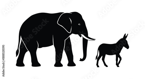 A striking black silhouette depicts an elephant and a donkey standing side by side representing a political symbolism silhouette high quality professional detailed