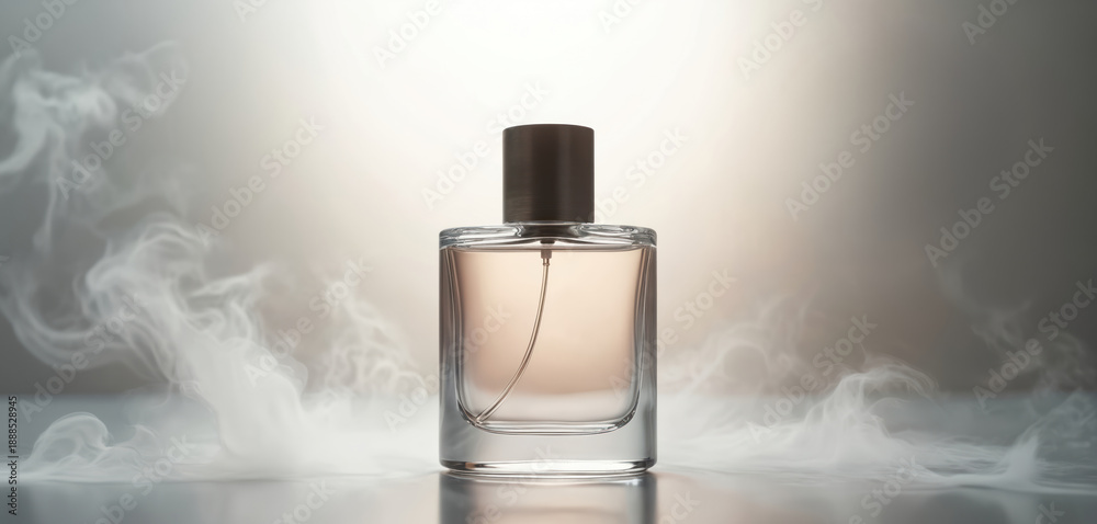 Naklejka premium Clear glass perfume bottle with light pink liquid and dark cap. White smoke swirls around bottle. Luxury fragrance advertisement, beauty product, cosmetic item for sale, commercial use.