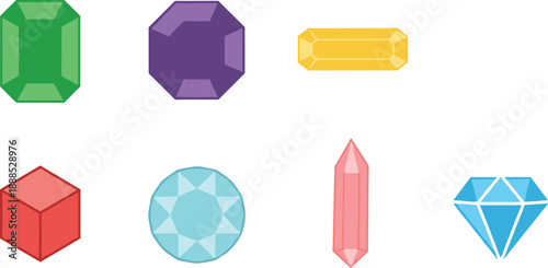 Set of Colorful Gemstones and Diamond Icons, Flat Vector Jewelry Stones Crystal and Precious Jewels for Luxury Brand Design