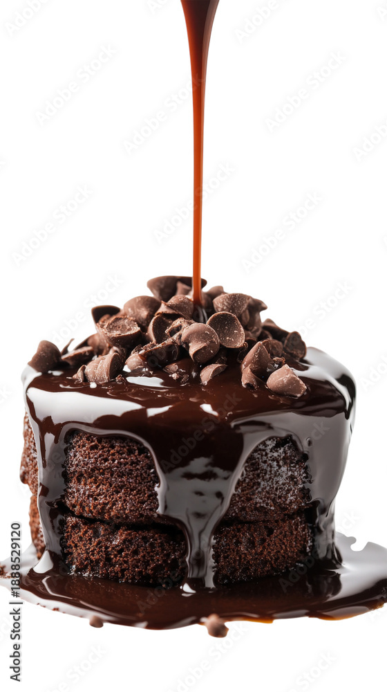 Obraz premium Delicious chocolate cake being covered in rich fudge sauce on transparent background