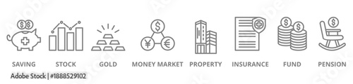 Banner retirement planning icon illustration. Retirement Plan Growth Concept with icons saving, stock, gold, money market, property, insurance, fund and pension