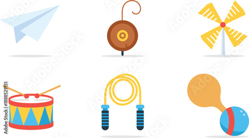 Set of Colorful Kids Toy Icons, Flat Vector Paper Plane Drum Jump Rope and Pinwheel Illustrations for Children Play Design