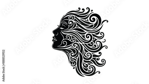 Elegant silhouette of a woman's face adorned with swirling decorative patterns.